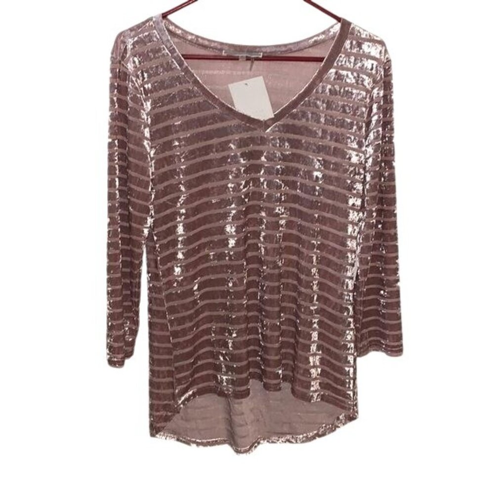 Womens Mauve Striped Velvet Long Sleeve Top Size M